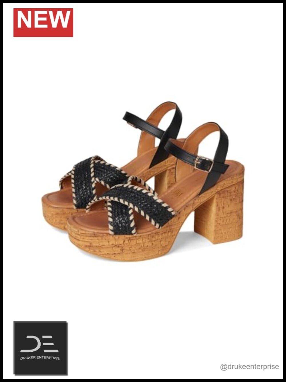 Woven Cross-Strap Platform Heeled Sandals with Ankle Strap & Cork Heel